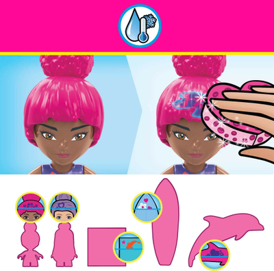 Set lojrash Mattel MEGA Barbie Color Reveal Dolphin Exploration, efekt ndërrimi ngjyre, me delfinë, shumëngjyrësh