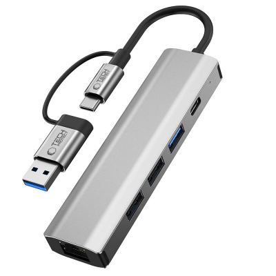 USB разводник Tech-Protect HB03, 5 во 1, Type-C USB-A RJ45, сив металик