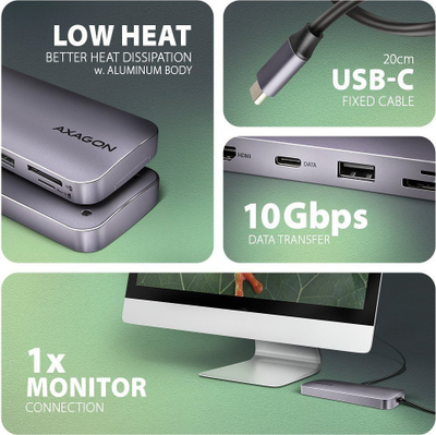 USB HUB Axagon HMC-6GM2, USB-C 10Gbps, 6‑në‑1, HDMI 4K, PD 100W, gri