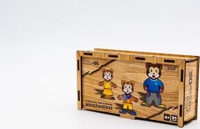 Puzzle druri edukativ Wooden Puzzle Bears Puz-12141, me arusha, në kuti druri, shumëngjyrësh