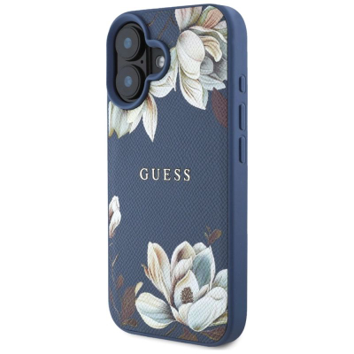 Калуст за телефон Guess iPhone 16, MagSafe, дизајн со цветови, сина