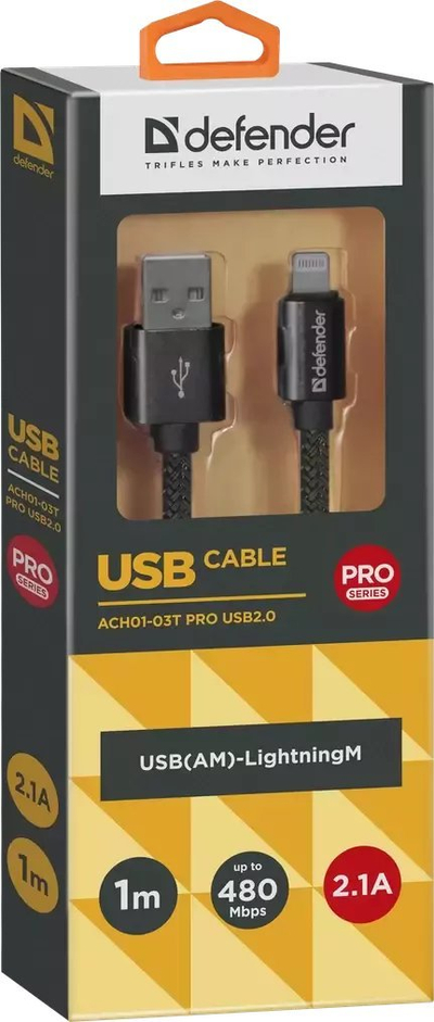 Kabllo USB Defender 87808, USB A në Lightning, 1 m, e zezë