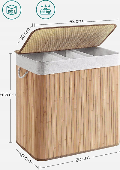 Koshi i rrobave LEOBERT Laundry Basket, me 3 ndarje, bambu, ngjyrë natyrale