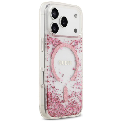 Kapak telefoni Guess Resin Bottom Glitter MagSafe, për iPhone 17 Pro, kapak transparent me glitter rozë