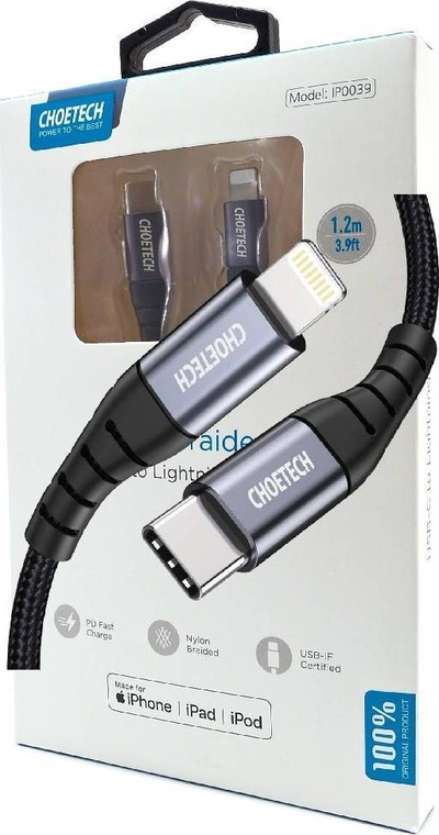 Kabllo USB Choetech IP0039, USB C me Lightning, 1.2 m, e zezë
