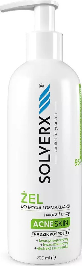 Xhel pastrimi për fytyrë dhe sy Solverx Acne Skin, për lëkurë me akne dhe të yndyrshme, 200 ml