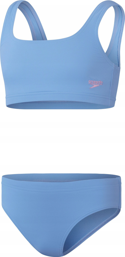 Kostum banje dy pjesësh për goca Speedo RIB 2PC, material i ricikluar, teksturë ribbed, blu e çelët