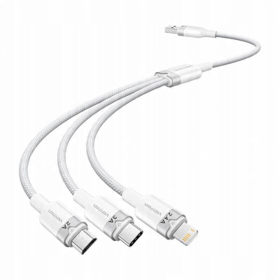 Kabllo karikimi Vention 3 në 1, USB-A në USB-C Lightning Micro USB, 1.5m, 3A, i bardhë