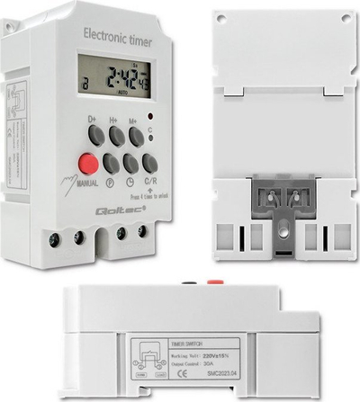 Programues kohe elektronik Qoltec PC0629, montim në shinë DIN, ekran LCD, i bardhë