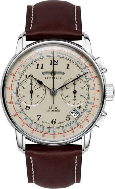 Orë burrash Zeppelin Z76145 LZ126, kronograf quartz, me rrip lëkure blu