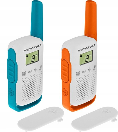 Radiolidhje walkie talkie Motorola Talkabout T42, 16 kanale, rreze deri nja 4 km, bardhë me portokalli edhe blu