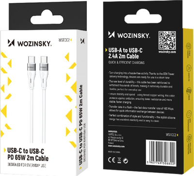 Kabllo USB Wozinsky WSTCC2, USB-C në USB-C, 2 m, 65W, e bardhë