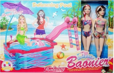 Set lodrash Swede Doll, pishinë me rrëshqitëse edhe çadër, 2 kukulla, shumëngjyrësh