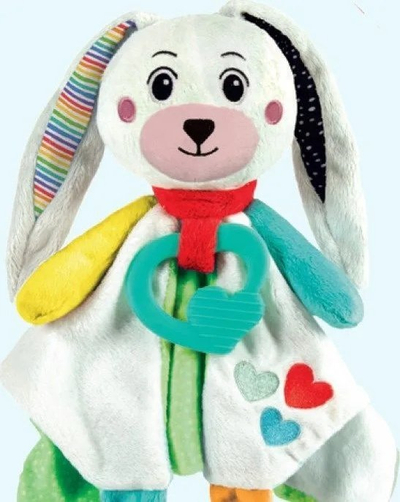 Lodër plushi Clementoni Sweet Bunny, me unazë silikoni, lahet në lavatriçe, shumëngjyrëshe