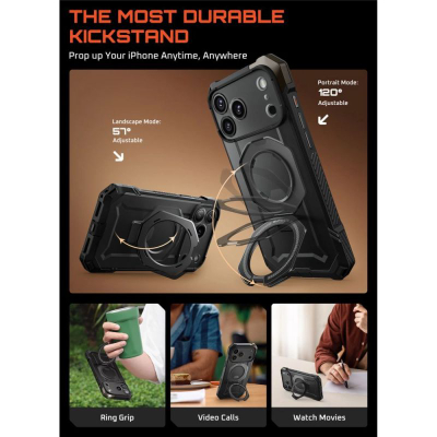 Kover telefoni SUPCASE UB Grip për iPhone 17 Pro Max, MagSafe, me këmbë mbajtëse, i zi