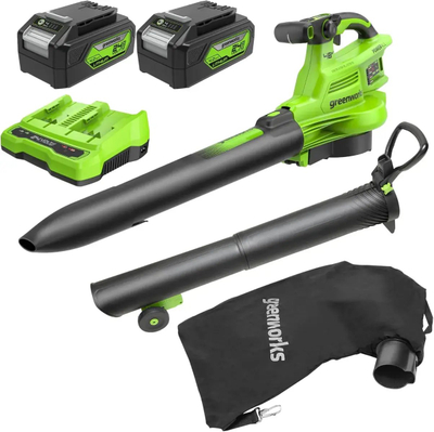 Fshesë me ajër pa kabllo GreenWorks BL48L421-01, 48V, me 2 bateri 4Ah, jeshile e zezë