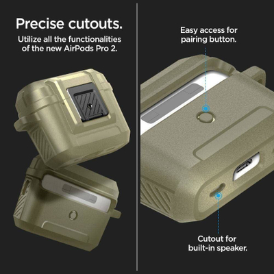 Mbështjellëse Spigen Lock Fit për Apple AirPods Pro 1 2, matte, khaki