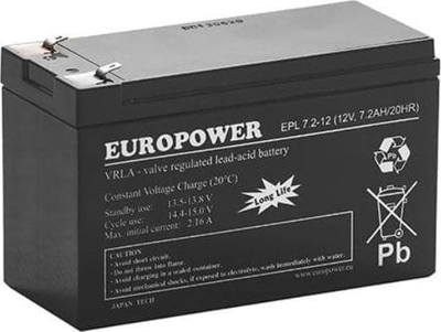 Bateri AGM EUROPOWER EPL 7.2-12, 12V, 7.2Ah, gri