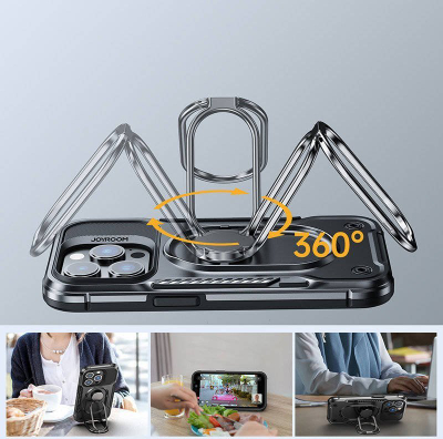 Maskë mbrojtëse Joyroom Dual Hinge për iPhone 14 Pro, unazë rrotulluese, mbrojtje e fortë, e zezë