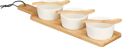Set servirjeje Kinvara, 3 pjatanca qeramike, tabaka bambuje, të bardha