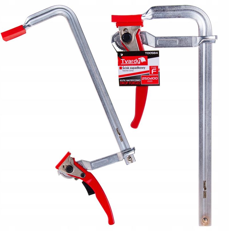 Kllapë shtrënguese Tvardy Ratchet Clamp Type F 250x100mm, çelik i farketuar, dorezë plastike, e kuqe