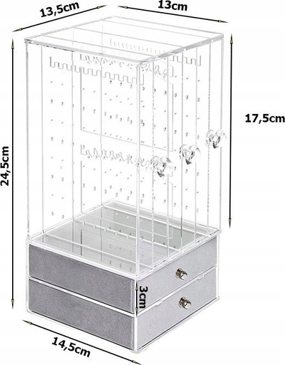 Organizues bizhuterish pa markë, 3 panele transparente, 2 sirtarë kadife, gri
