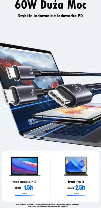 Kabllo USB C Usams 2 in 1, 1.2m, 60W, gri