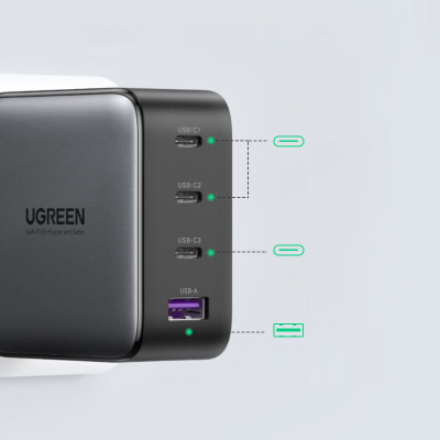 Karikues muri Ugreen Nexode 100W GaN, 3x USB-C 1x USB-A, karikim i shpejtë, gri e errët
