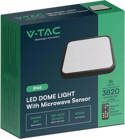 Plafonier tavan V-TAC VT-8630S, LED 36W 42x42cm, me sensor lëvizje IP44, 4000K, e zezë