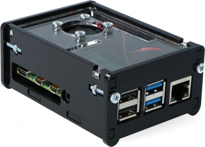 Куќиште Raspberry Pi Модел 4B, со вентилатор, пластично, црно транспарентно