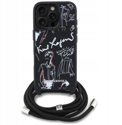 Kapak telefoni Karl Lagerfeld Crossbody, për iPhone 16 Pro Max, lëkurë Saffiano, i zi