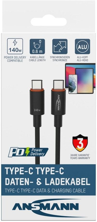 Kabllo ANSMANN USB C në USB C, 0.6m, 140W, antracit
