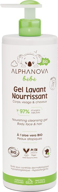 Xhel pastrimi ushqyes për bebe Alphanova Baby, për trup, fytyrë edhe flokë, 400 ml