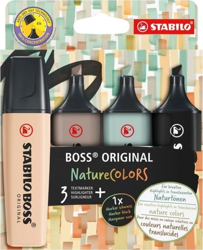 Marker theksues STABILO BOSS Original NatureColors, set 4 copë, majë e pjerrët, shumëngjyrësh