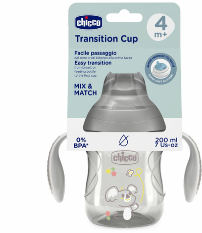 Чаша за тренирање Chicco Transition Cup 4m+, 200 ml, со рачки, сива