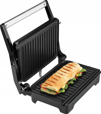 Toster për sanduiçe ECG S 2070 Panini, 1200W, sipërfaqe mos-ngjitëse, i zi me argjend