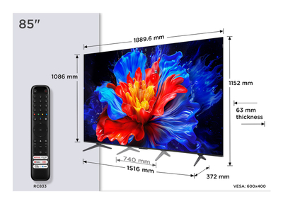 Телевизор TCL 85P89K, 85\", QLED 4K, Google TV, црн