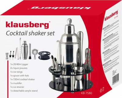 Set bartendër për kokteje, 9 pjesë, me qëndrim akrilik, inox, ngjyrë argjendi