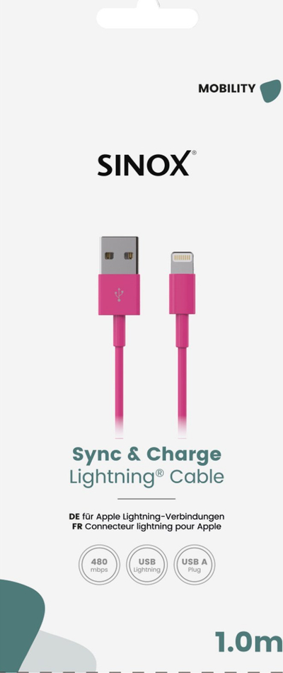Kabllo USB Lightning Sinox SOE02701, 1m, USB 2.0, rozë