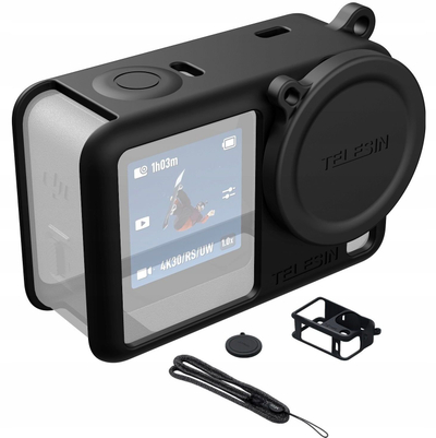 Mbulesë silikoni Telesin për DJI Osmo Action 6, me kapak lenteje, me rrip te dore, e zezë