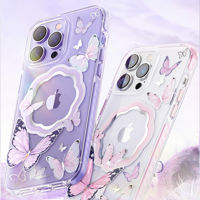 Kuti magnetike Kingxbar Butterfly Series për iPhone 14 Plus, TPU e tejdukshme, përputhet me MagSafe, me flutura shumëngjyrëshe