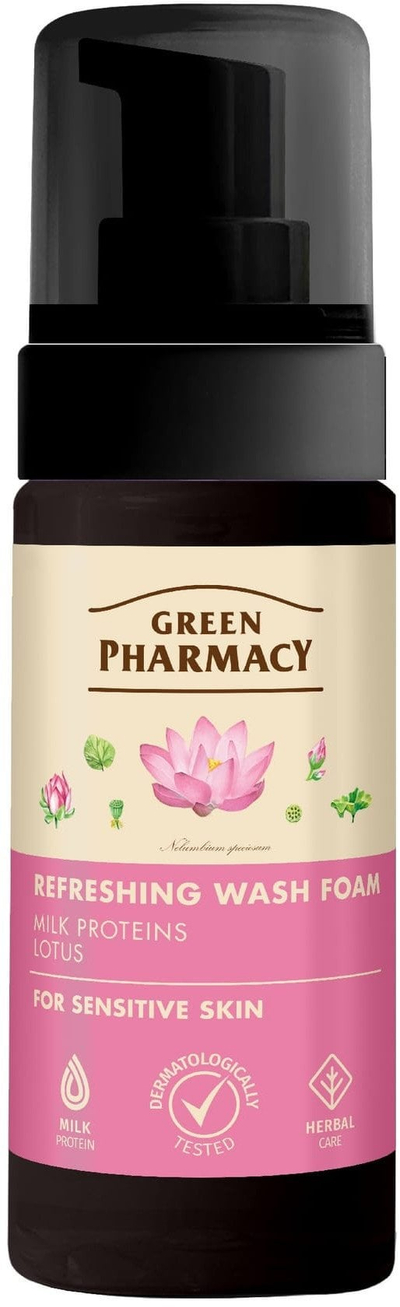 Shkumë pastruese fytyre Green Pharmacy Refreshing Wash Foam, proteina qumështi dhe lotus, për lëkurë të ndjeshme, 150ml