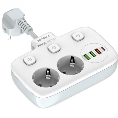 Zgjatues Serioux SRXP-PS24W, 2x Schuko, 3x USB A dhe 1x USB C, 2500W, i bardhë