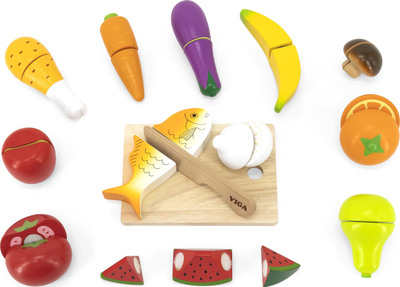 Set loje kuzhine Viga Little Chef 44579, druri, me fruta e perime me plot ngjyra