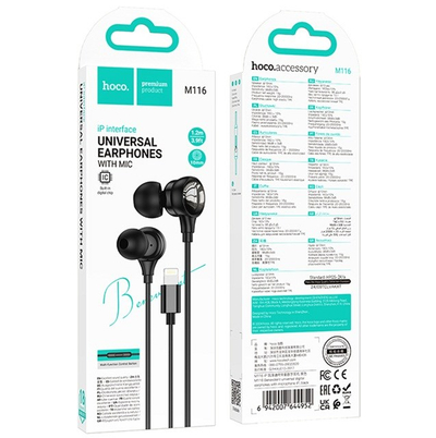 Kufje me tel HOCO M116, in ear, Lightning, me mikrofon, të zeza