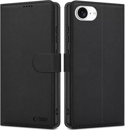 Këllëf-portofol Tech-Protect për iPhone 16e, lëkurë eko, me këmbë qëndrimi, i zi mat