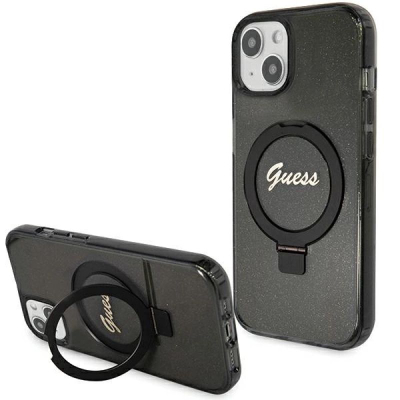 Маска за телефон Guess GUHMP14SHRSGSK, MagSafe Ring Stand, iPhone 14 15 13 6.1", црна со сјај