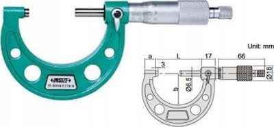 Mikrometër i jashtëm Insize, 0–25 mm, saktësi 0.01 mm, jeshil