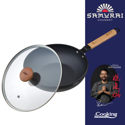 Tigan wok Rikito Watanabe Samurai Gourmet, 26cm, me kapak, ngjyrë druri