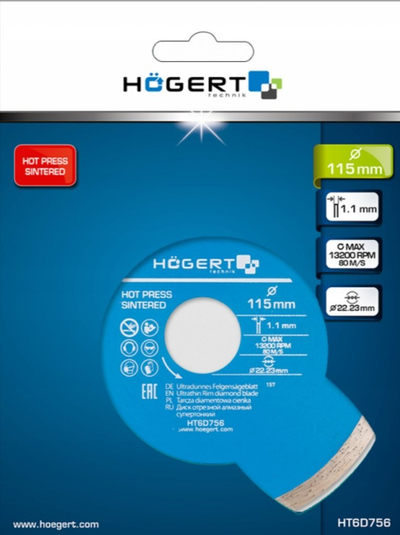 Disk diamanti për prerje Hogert Technik HT6D756, 115mm, 1.1mm, blu
